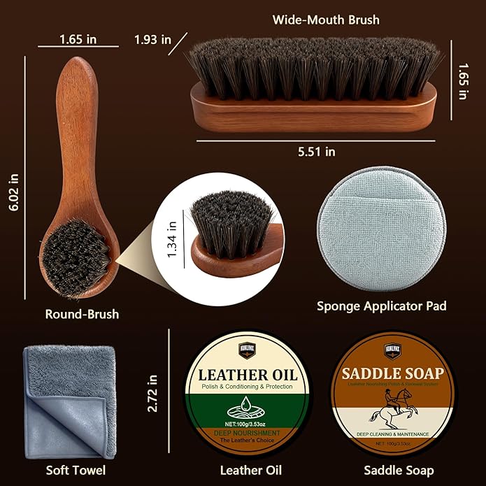 Leather Care Kit - Leather Polish, Cleaning & Conditioning Kit with 100g Saddle Soap & 100g Leather Oil, 2 Horsehair Brushes,