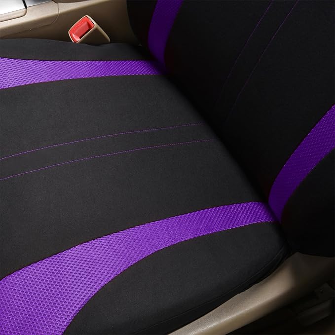 Flying Banner Car Seat Covers Full Set Front Seats and Rear Bench Mesh Fabric Splicing Polyester Cover Black with Purple Colo
