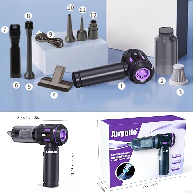 Airpollo® Car Vacuum Portable Cordless Handheld Cleaner Aspiradora para Carro, 4 in 1 with LED Screen V2 Portable 29000 Pa Su