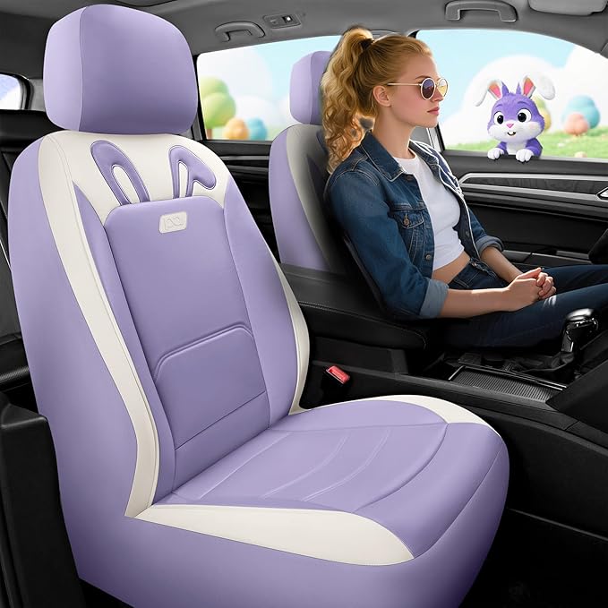 PIC AUTO Car Seat Covers, Cute Rabbit Premium Purple Leather Seat Covers, Universal Fit Front Seat Covers for Cars, Trucks, S