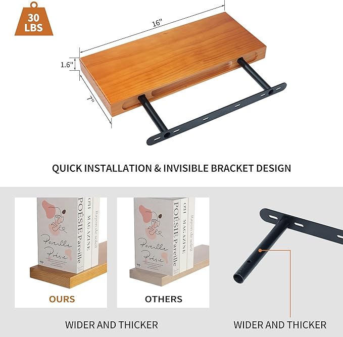 Floating Shelves for Wall 16 Inch Solid Real Wood Shelves Set of 2 Rustic Farmhouse Wall Mounted Wood Shelf for Bedroom Livin