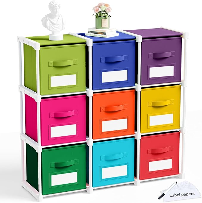 Geelin 9 Cube Toys Storage Organizer with Fabric Bins and Labels, 11 Inch Collapsible Cubby Storage Drawers Colorful Dresser 