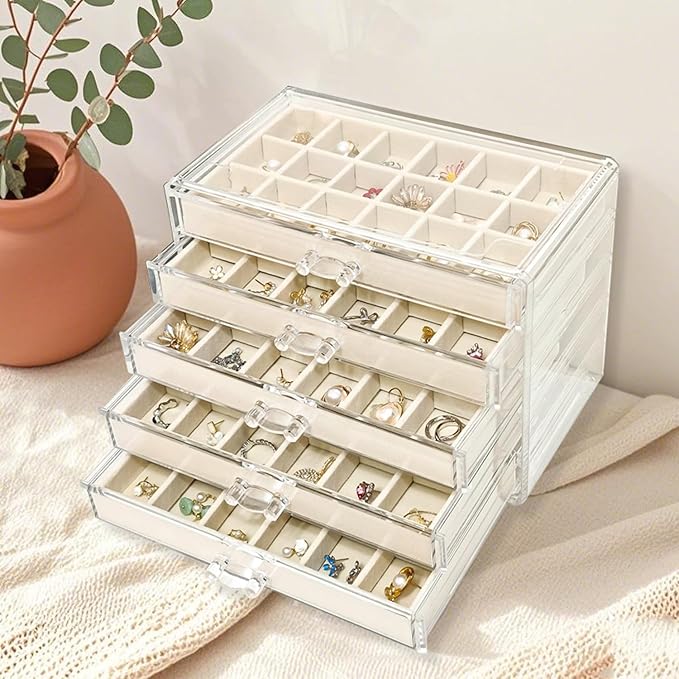 Acrylic Earring Holder Organizer with 5 Drawers Clear Earring Organizer Box with 90 Adjustable Grids Velvet Earring Display C