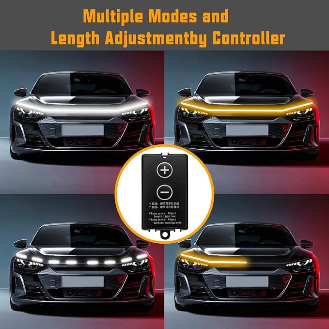 Flexible Car Hood Light Strip, 70 Inches Dynamic LED Daytime Running Lights, White and Amber Switchback Sequential Turn Signal Lights for Car, Truck, SUV