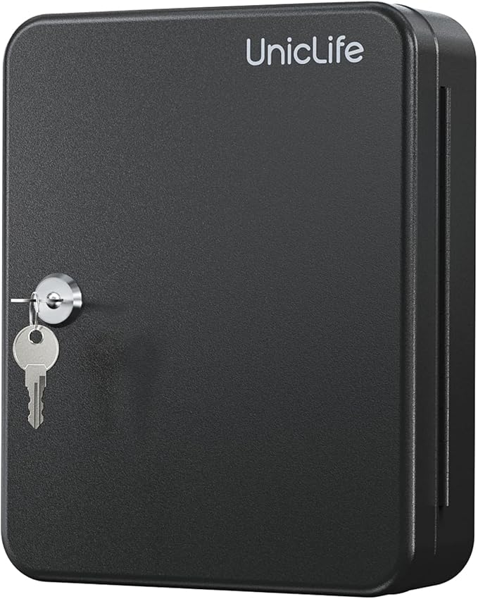 Uniclife Steel Key Cabinet Wall Mounted Organizer - 28 Keys, 2 Unlocking Keys - Black Frosted Security Box with Hooks and Col