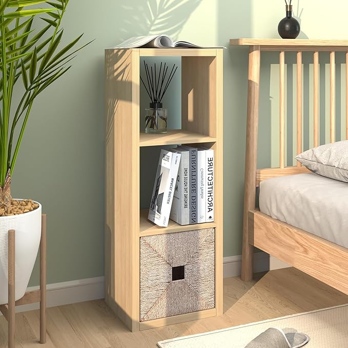CTESNE【2026 Wooden Thick Frame 3 Cube Storage Organizer Shelf with Anti-Tipping Kits + Reversible Open Back Bookcase, Horizon