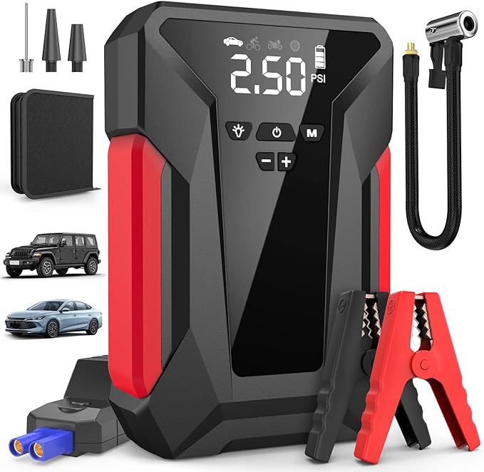 Jump Starter with Air Compressor,4000A Portable Car Battery Jump Starter (10L Gas/8.5L Diesel), 12V Battery Charger