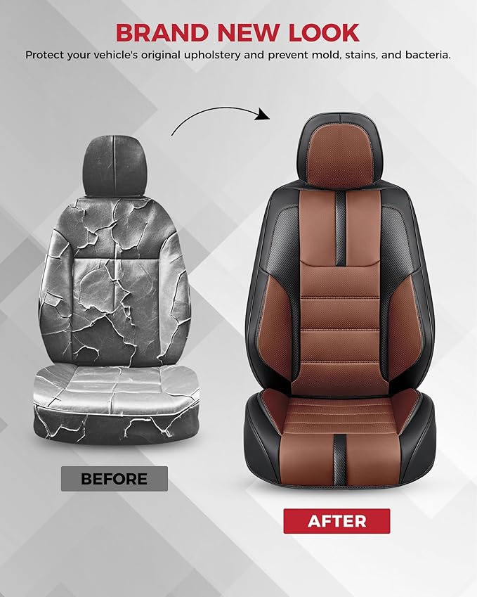 FREESOO Black Brown Front Car Seat Covers - Faux Nappa Leather Seat Covers for Cars, with Carbon Fiber Texture Seatbelt Pads,