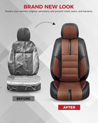 FREESOO Black Brown Front Car Seat Covers - Faux Nappa Leather Seat Covers for Cars, with Carbon Fiber Texture Seatbelt Pads,