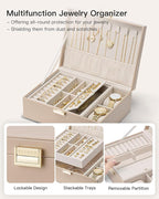 VLANDO Jewelry Organizer,2 Layer Jewelry Box Large Jewelry Organizer for Women Removable Jewelery Tray with Watch Pillow for 