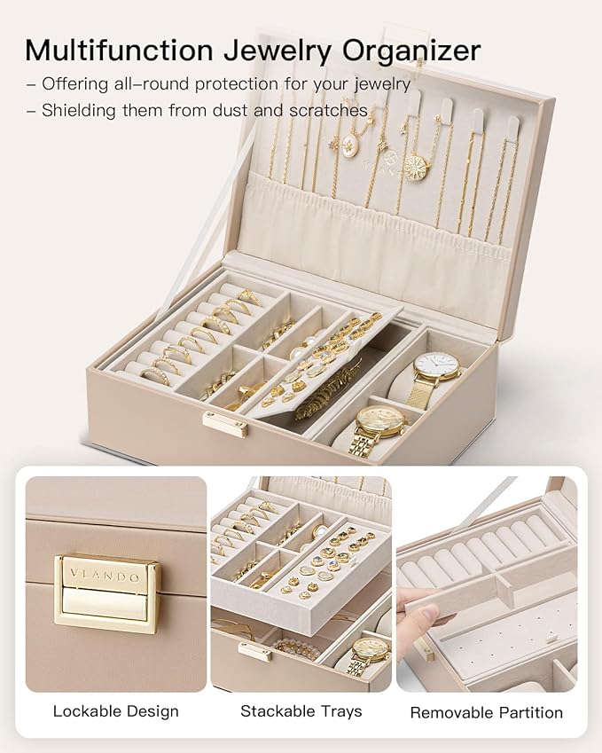 VLANDO Jewelry Organizer,2 Layer Jewelry Box Large Jewelry Organizer for Women Removable Jewelery Tray with Watch Pillow for 