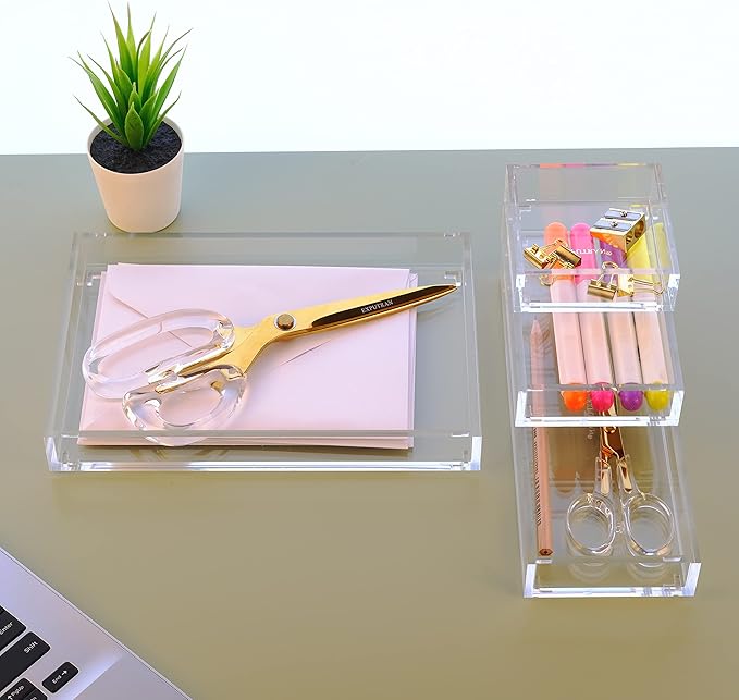Clear Acrylic Desk Organizer for Office or Home Desk Drawer Dividers, Makeup Vanity Storage Bins, Stackable 4-Pack, Acrylic A