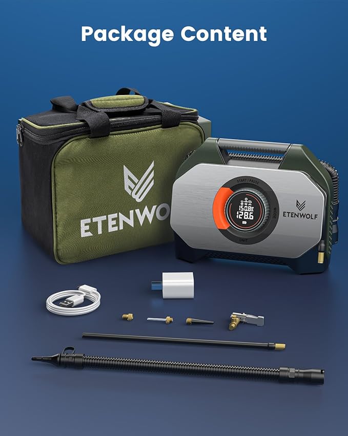 ETENWOLF Vortex S7 Tire Inflator for Heavy-Duty Vehicle, Portable Air Compressor for Car Tires with 160PSI & 38400 mAh Battery, Cordless Air Pump with 100% Duty Cycle & Dual Cylinder (Olive Green)