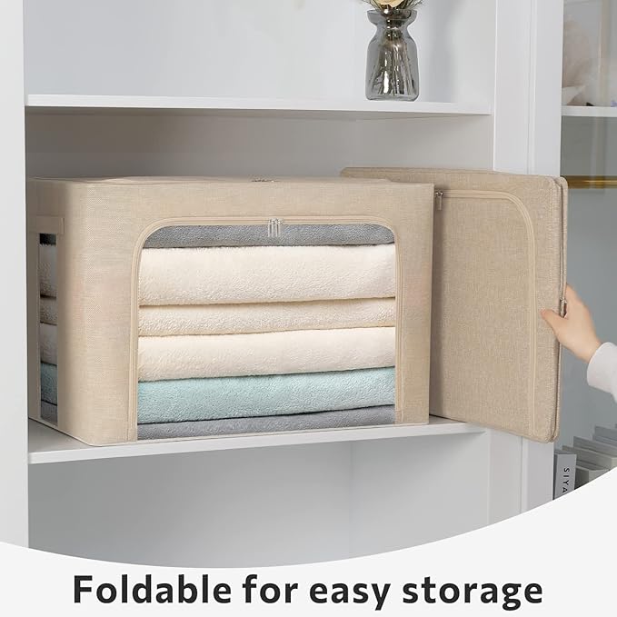 FHSQX 2 Pack Clear Window Storage Bins Foldable Fabric Storage Bins Boxes for Clothes Stackable Box Organizer Set with Carryi