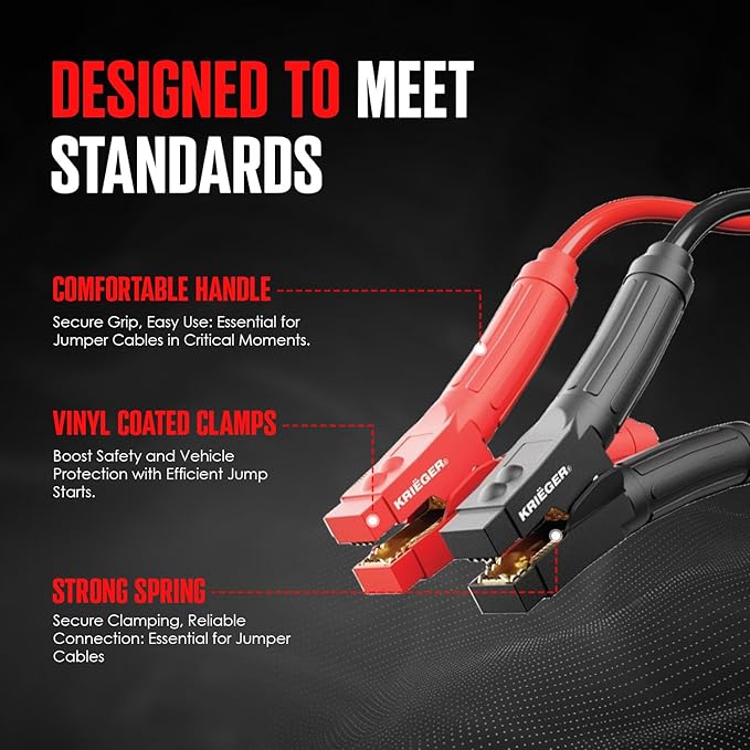 K KRIËGER Jumper Cables 100% Pure Copper, 30 Feet, 2 Gauge, 1000 Amp Custom-Made Alligator Clamps, Booster Battery Cables w/Permanent Installation Kit & Quick Connect Plugs - Carrying Bag Included