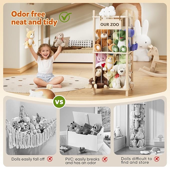 Dayacoco Stuffed Animal Storage, 2 Layer Wood Stuffed Animal Organizer Zoo, Toy Stuffy Storage Bin with Elastic Band and Net 