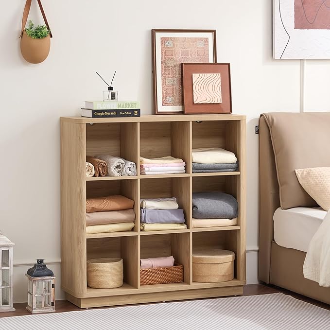 Joaxswe 9 Cube Storage Book Shelf, 41" Tall Organizer Bookshelf with Curved Edge, Modern Floor Standing 3-Tier Cubby Bookcase