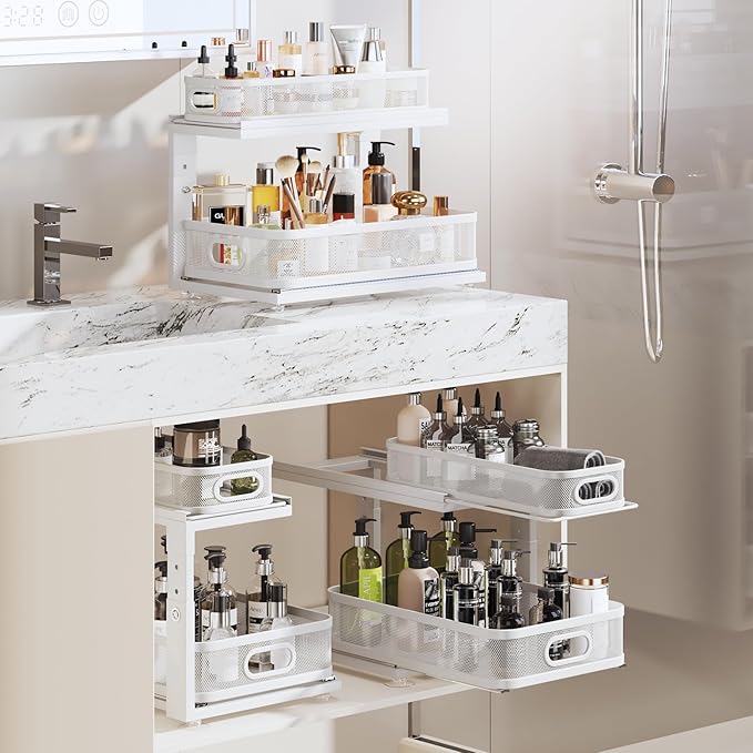 2 Pack 18.5IN-Depth Under Sink Organizer With Next-Gen Ball-Bearing Slides,2-Tier Precision Mesh Pull Out Cabinet Storage for