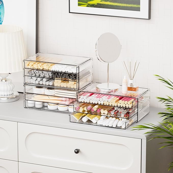 Yieach 11.1 Inch Long Clear Drawer Organizers Stackable,3 Pack Small Acrylic Drawers,School,Office Supplies Organizer And Sto