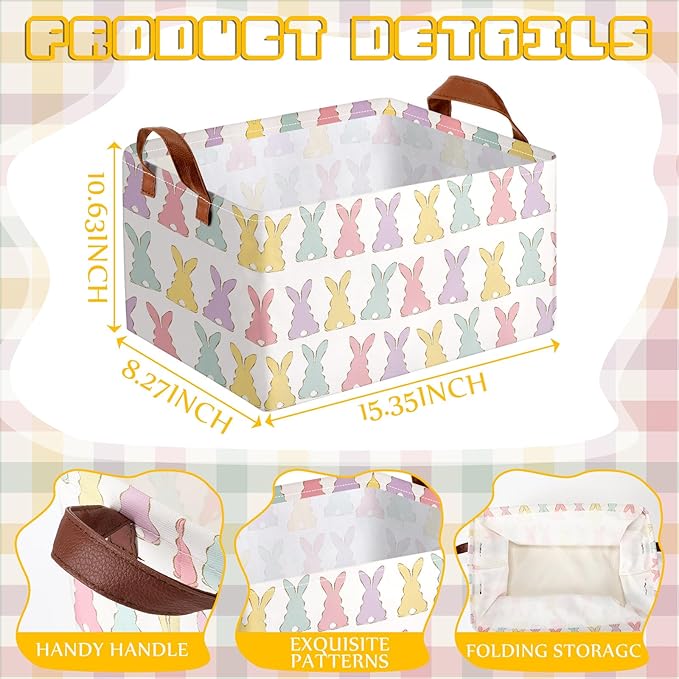Boao 3 Pcs Easter Storage Bin Rectangular Bunny Basket Box with Handle Collapsible Large Storage Baskets Foldable Rabbit Box 