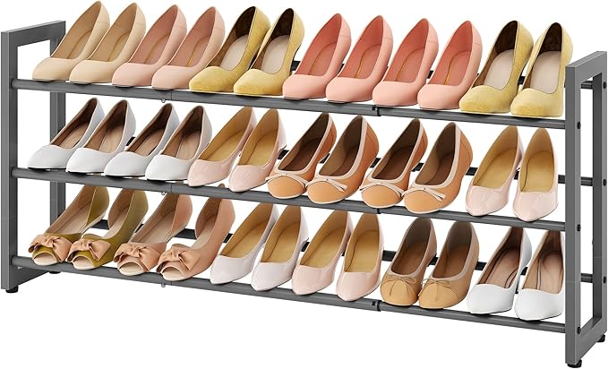 FAVOOSTY 3-Tier Expandable Shoe Rack, Adjustable Shoe Shelf Storage Organizer Space Saving Metal Free Standing Shoe Rack for 