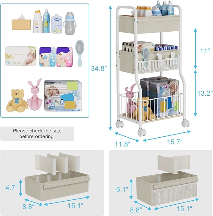 3-tier Baby Diaper Caddy Organizer and Storage Cart with 4+3 Dividers, Metal Utility Cart with Lockable Wheels for Nursery, B