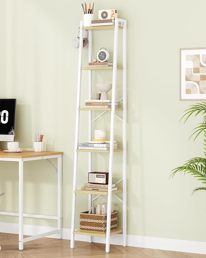 Hzuaneri Ladder Shelf, Bookshelf Bookcase, Freestanding Corner Storage Shelve with 2 Hooks for Home Office, Living Room, Kitc