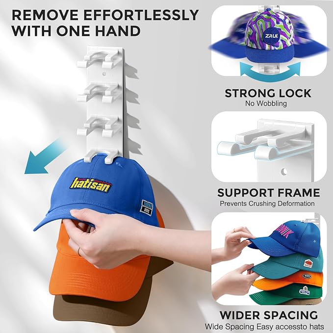 Hat Organizer for Baseball Caps Wall, 2 Pack Hat Holder for Closet Door Hold up to 16 Hats,Hat Hook with Adhesive and 8 Screw