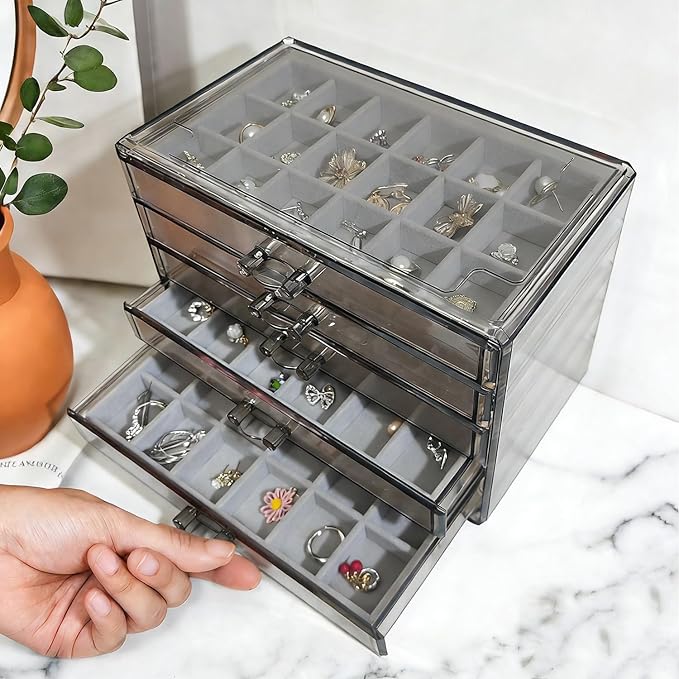 Acrylic Earring Holder Organizer with 5 Drawers Clear Earring Organizer Box with 90 Adjustable Grids Velvet Earring Display C
