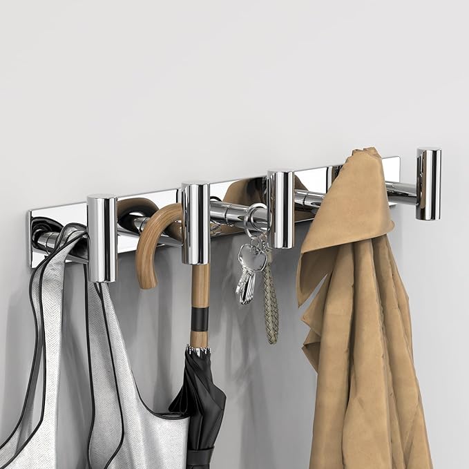 VAEHOLD Hat and Coat Wall Mount Rack - Hooks for Robes, Bags, Keys, and Towels - Bathroom Towel Hanger Organizer (Polished Ch