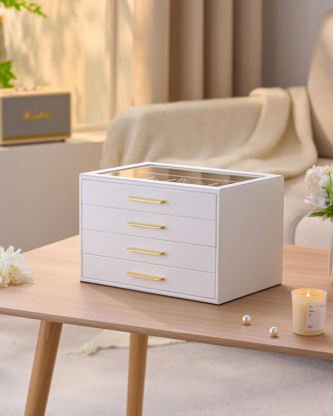 pickpiff Jewelry Box Organizer Case for Women: 4-Layer Jewelry Storage Case with Glass Window, Pure White Leather with Velvet