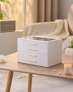 pickpiff Jewelry Box Organizer Case for Women: 4-Layer Jewelry Storage Case with Glass Window, Pure White Leather with Velvet