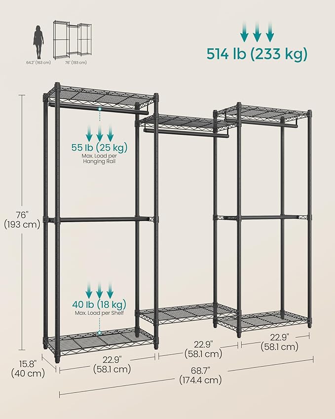 SONGMICS Heavy-Duty Clothes Rack, Garment Rack, Portable Closet, 68.7-Inch Wide Clothing Rack with Adjustable Mesh Shelves an