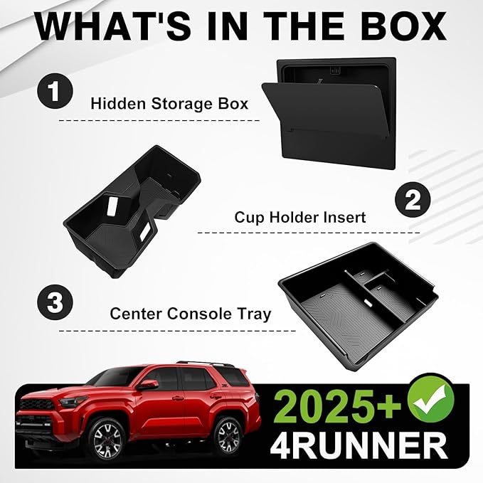 Muslogy Center Console Organizer & Hidden Box & Cup Holder Inserts Compatible with 2025 2026 Toyota 4Runner Accessories Armrest Storage Tray Divider Secret Compartment Non-Slip Cupholder 3PCS