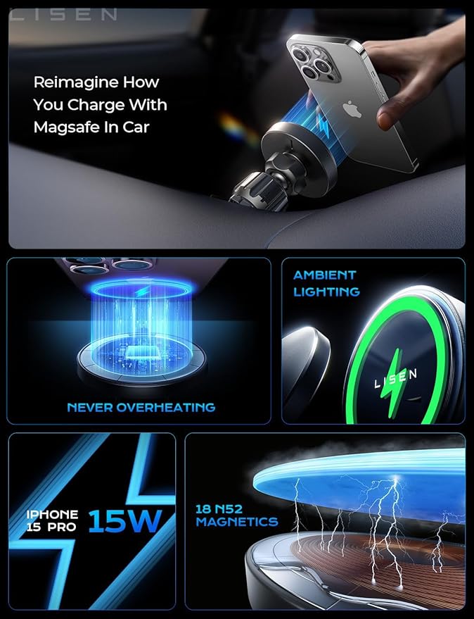 LISEN 15W MagSafe Car Mount Charger,Travel MagSafe Charger,Wireless Car Charger,Magnetic Phone Holder for Car,Phone Holders for Your Car Accessories for Women Men Jeep Ford for iPhone 17-12,Samsung