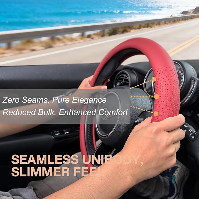 PINCTROT Nappa Leather Steering Wheel Cover, Slim Fit No Bulk Design, One Piece Leather with Breathable Perforation, Fit Like