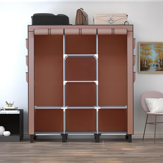 Portable Wardrobe with 10 Storage Racks and 2 Hanging Poles 6 Side Pockets Fleece Cover, Size 130 x 45 x 172 cm, Bedroom Clos