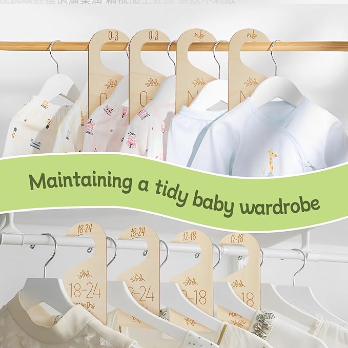 16Pcs Adorable Wooden Baby Closet Dividers, Double-Sided Clothes Size Organizer with Labels from Newborn to 24 Months, Cute N