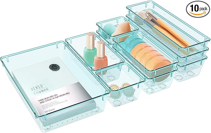 StorMiracle 10 PCS Drawer Organizer Set, 4 Varied Size Bathroom and kitchen Drawer cabinet organizer Trays, Clear Storage Bin