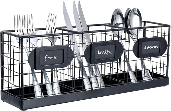 MyGift Wall Mountable Black Metal Utensil Holder Organizer, 15.7" Countertop Kitchen Silverware Flatware Caddy Holder Storage