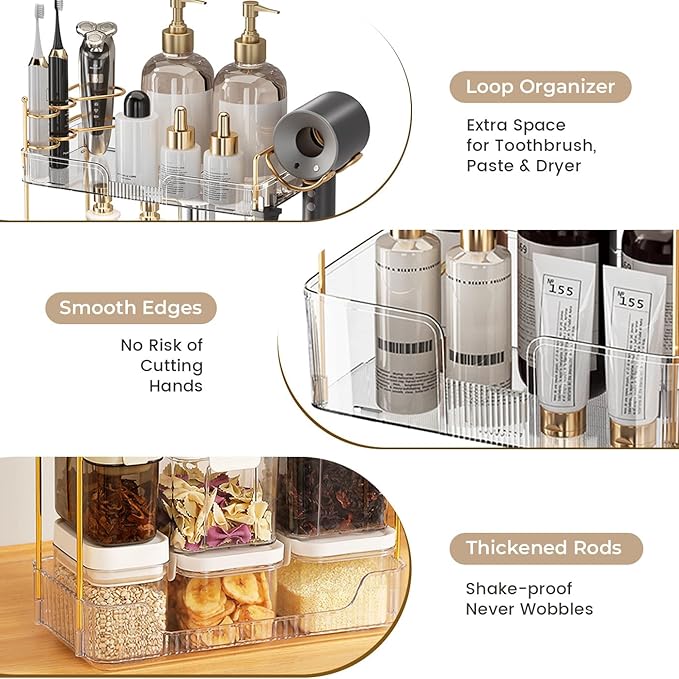 Bathroom Counter Organizer Countertop, 3 Tier Makeup Perfume Storage with Hair Dryer Rack and Toothbrush Holder, Cosmetic Tra