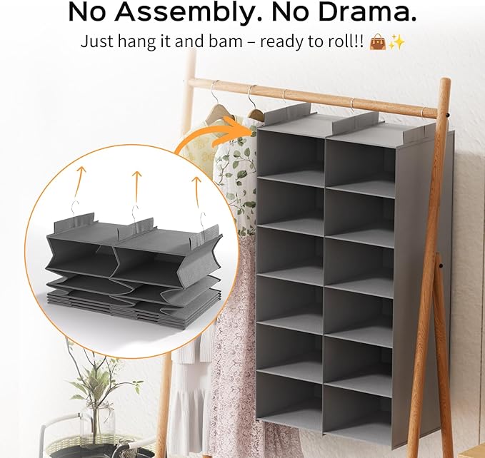 ALLTIDYUP Space-Saving Hanging Closet Storage Organizer – Dual-Row Foldable Shelves with 3 Hooks, 6-Tier Wardrobe Organizer f