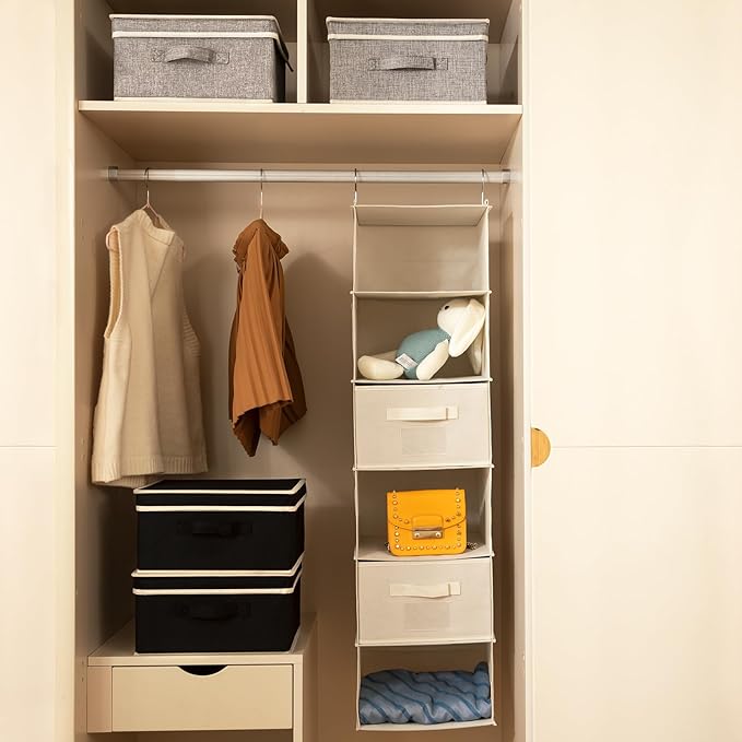 Storage Bins with Lid, Foldable Clothing Storage Box case with Handle for Closet, Bedroom, Home, Gray+Black, 13L x 12.5W x 7H