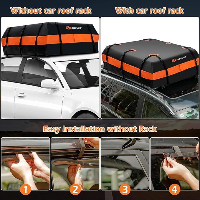 Goplus Rooftop Cargo Carrier, 21 Cubic Feet 100% Waterproof Soft Car Roof Bag for All Vehicles with/Without Rack, Includes Anti-Slip Mat, 10 Reinforced Straps, 6 Door Hooks, Storage Bag