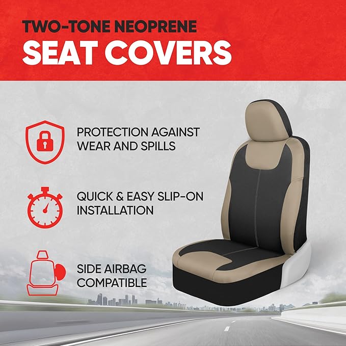 Motor Trend Beige Waterproof Seat Covers for Front Seats – Premium Neoprene Car Seat Covers, Car Seat Protectors with Removab