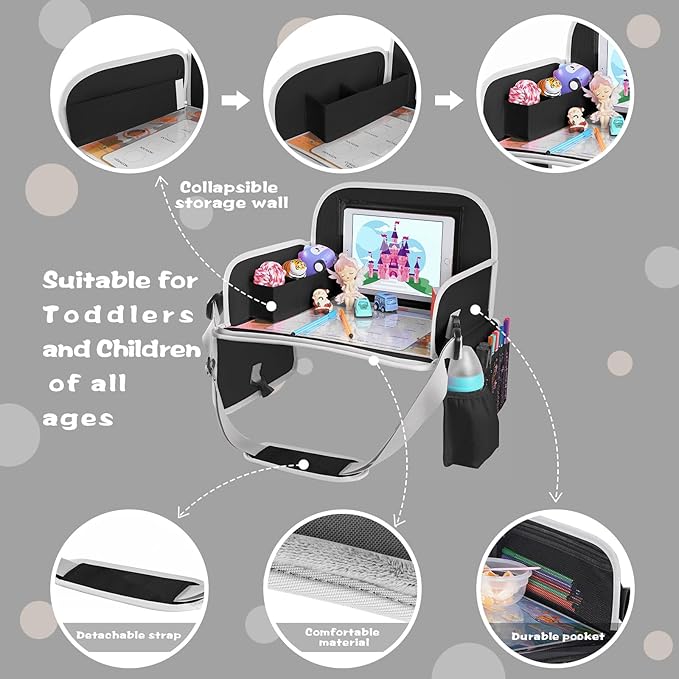 MENZOKE Kids Travel Tray for Toddler Car Seat, Toddler Gift for Boy Activities with Dry Erase Board & iPad Holder Stand, Road