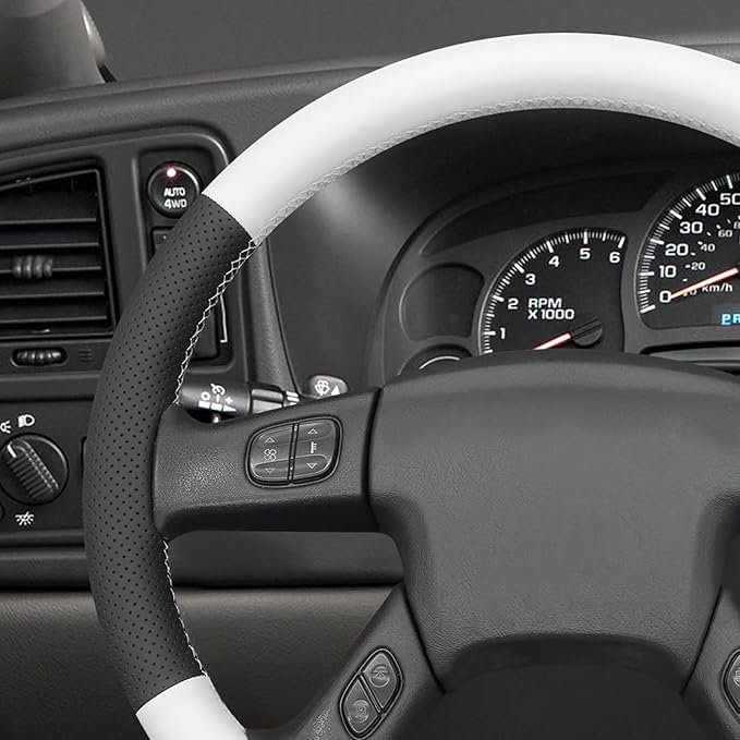 MEWANT Hand-Stitched Steering Wheel Cover for Chevy Silverado 1500 2003-2006 Trailblazer Black White Faux Leather Wrap