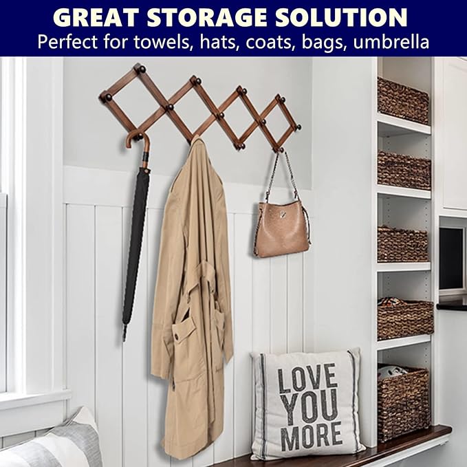 Amber Home Wood Accordion Wall Rack 13 Hooks (Pegs), Expandable Wall Mounted Hanger for Coat, Hat, Scarf, Coffee Mugs, X Shap