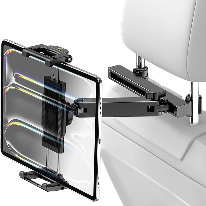 Car Back Seat Tablet Holder, [Thick Case Friendly] Car Headrest Tablet Mount Stand with Extension Arm, Road Trip Essentials for Kid, Fits iPad Pro 12.9 Air Mini, Tab, iPhone, 6.1-13" Device