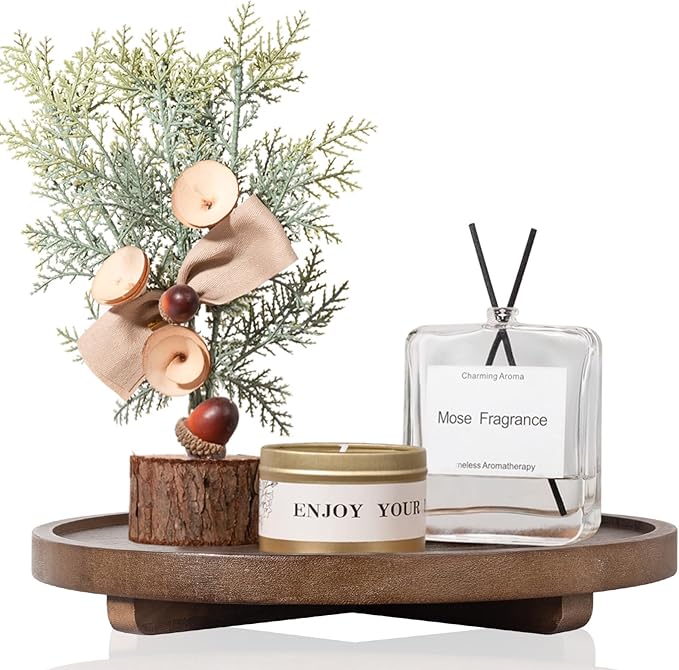 Round Decorative Tray Wood Bathroom Counter Organizer Farmhouse Kitchen Decor Wooden Riser for Soap Dish, Perfume, Candle, Sp
